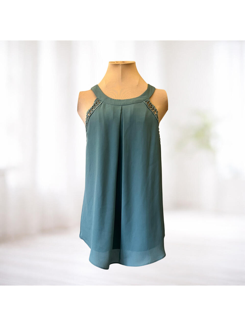 BCX Sleeveless Halter Blouse Top Aqua Teal M Dressy Casual Boho Lagenlook Party